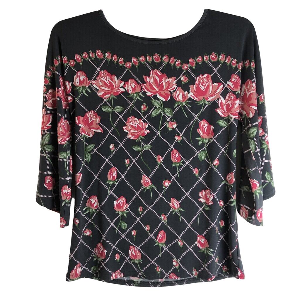 Bob Mackie Women Blouse Top Sz XXS Gray Pink Floral Rose Wearable Art Kimono Sle